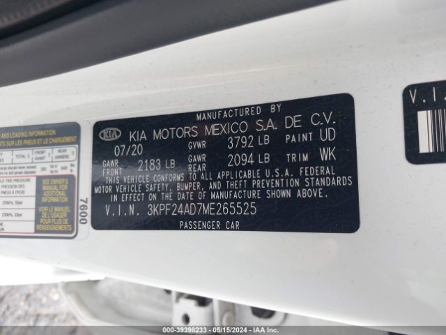 3KPF24AD7ME265525 KIA FORTE FE