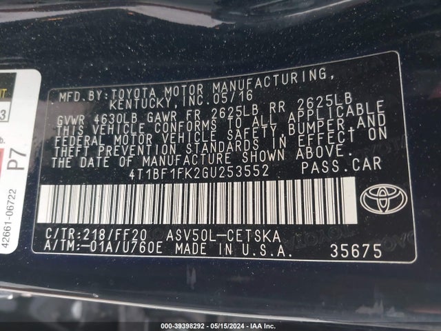 Toyota CAMRY SE 2016 4T1BF1FK2GU253552 Image 9
