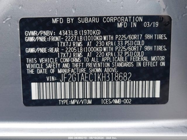 JF2GTAEC1KH318682 Subaru Crosstrek 2.0i Premium