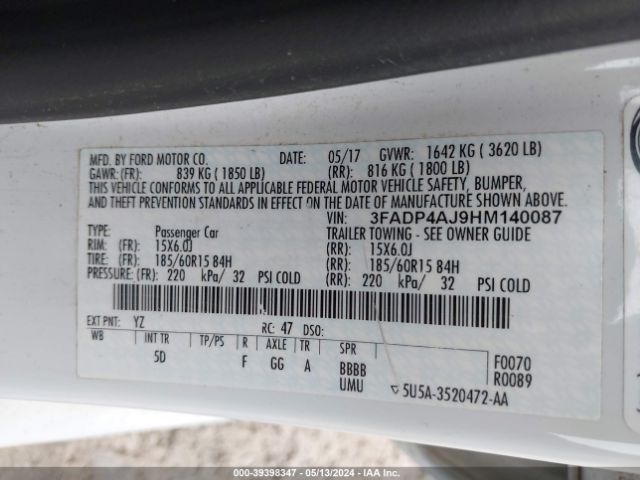 3FADP4AJ9HM140087 Ford FIESTA S