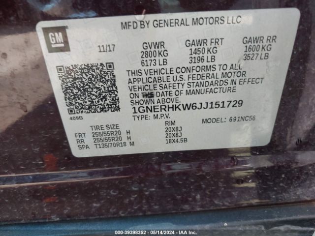 1GNERHKW6JJ151729 Chevrolet Traverse 3lt
