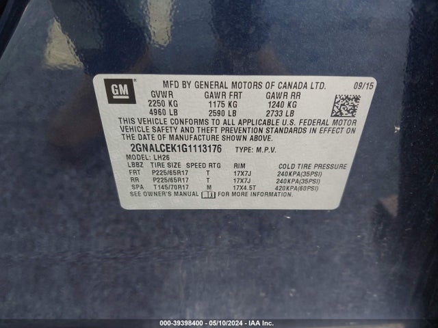 Chevrolet EQUINOX LT 2016 2GNALCEK1G1113176 Image 9