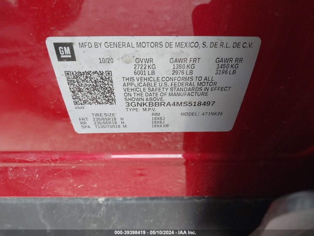 3GNKBBRA4MS518497 Chevrolet Blazer Fwd 1lt