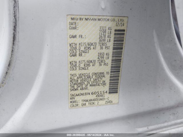 5N1AA0NE8FN605154 Nissan Armada Platinum