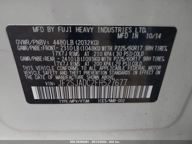 Subaru Forester 2.5i Premium 2015 JF2SJADC2FH527677 Image 9
