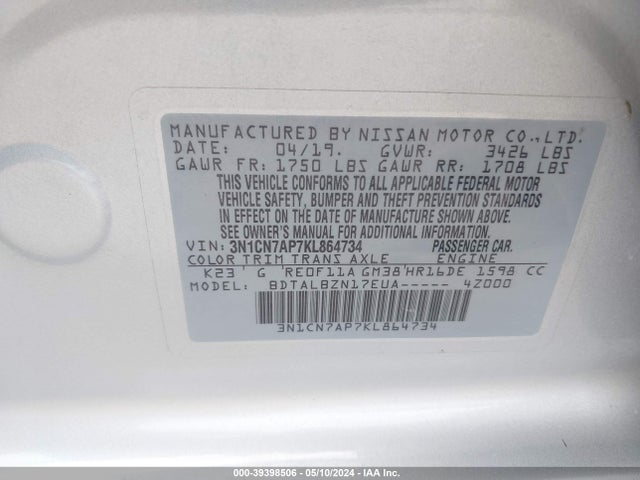 Nissan Versa 1.6 Sv 2019 3N1CN7AP7KL864734 Image 9