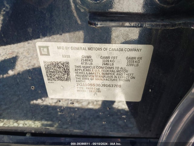 Chevrolet IMPALA 1LT 2018 2G1105S30J9163708 Image 9