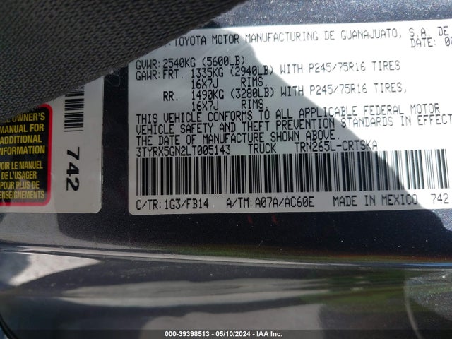 Toyota Tacoma Sr 2020 3TYRX5GN2LT005143 Image 9
