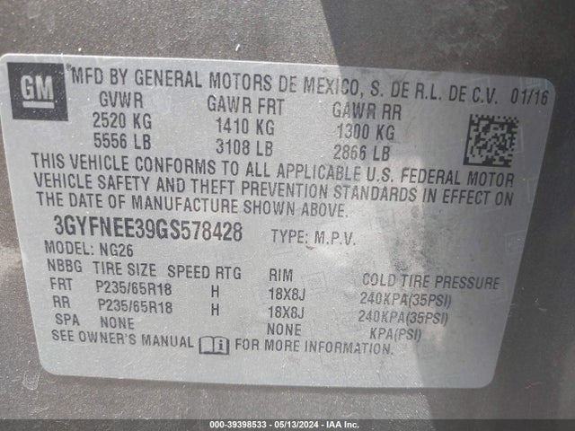 3GYFNEE39GS578428 Cadillac Srx Luxury Collection