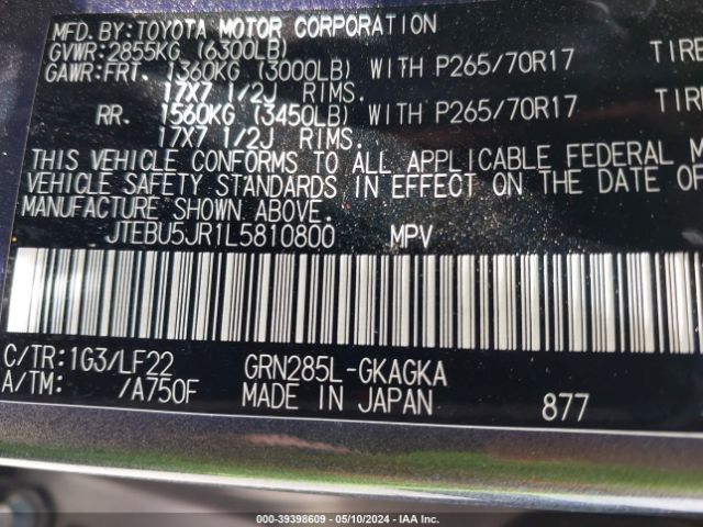 JTEBU5JR1L5810800 Toyota 4runner Trd Pro