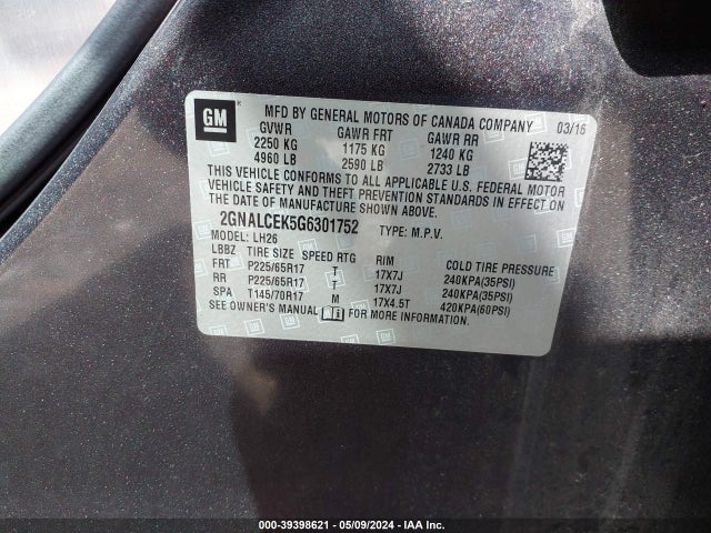 Chevrolet EQUINOX LT 2016 2GNALCEK5G6301752 Image 9