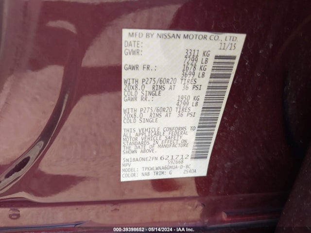 Nissan Armada Platinum 2015 5N1BA0NE2FN621712 Image 9