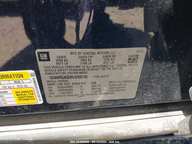 Chevrolet Traverse 1lt 2017 1GNKRGKD2HJ200138 Image 9
