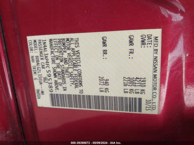 Nissan Altima 2.5 S 2015 1N4AL3AP4FC595389 Image 9
