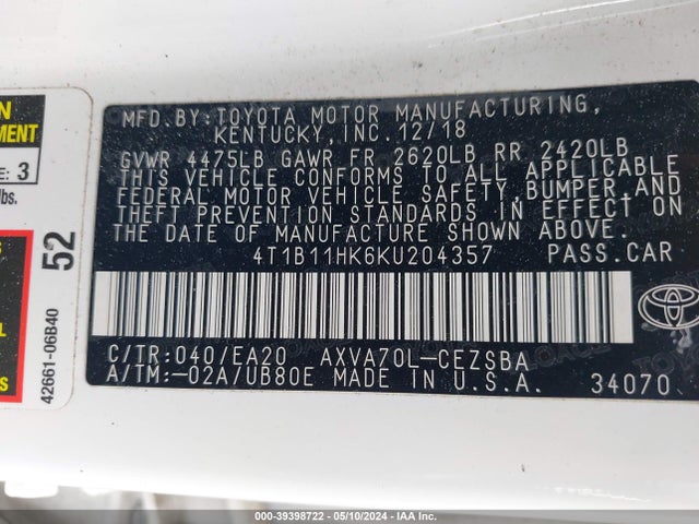 Toyota CAMRY SE 2019 4T1B11HK6KU204357 Image 9