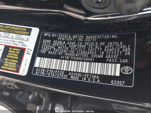 Toyota CAMRY SE 2017 4T1BF1FK0HU758491 Image 9