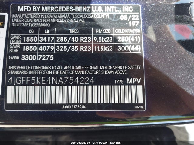 4JGFF5KE4NA754224 Mercedes-Benz Gls 450 4matic