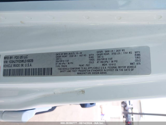 1C6HJTFG5ML516839 Jeep Gladiator Overland 4x4