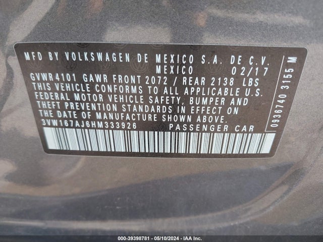 Volkswagen Jetta 1.4t S 2017 3VW167AJ6HM333926 Image 9