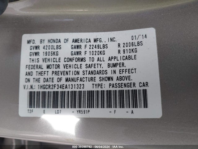 Honda ACCORD LX 2014 1HGCR2F34EA131323 Image 9
