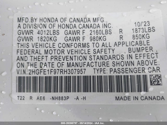 Honda Civic Touring 2024 2HGFE1F97RH307957 Image 9