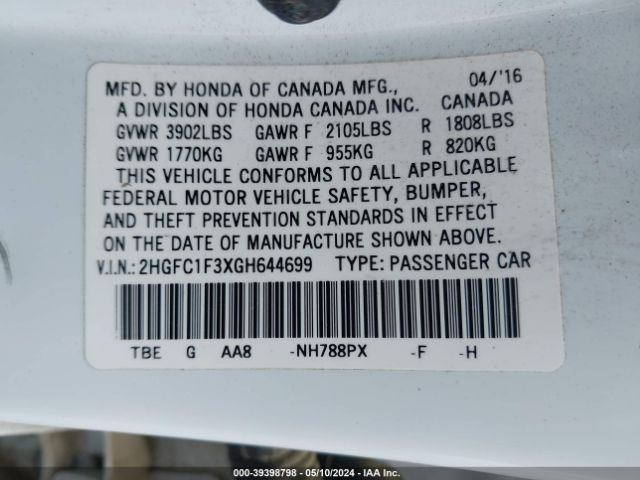 2HGFC1F3XGH644699 Honda Civic Ex-t