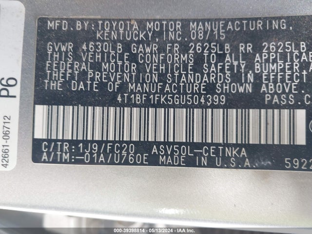 Toyota CAMRY LE 2016 4T1BF1FK5GU504399 Image 9