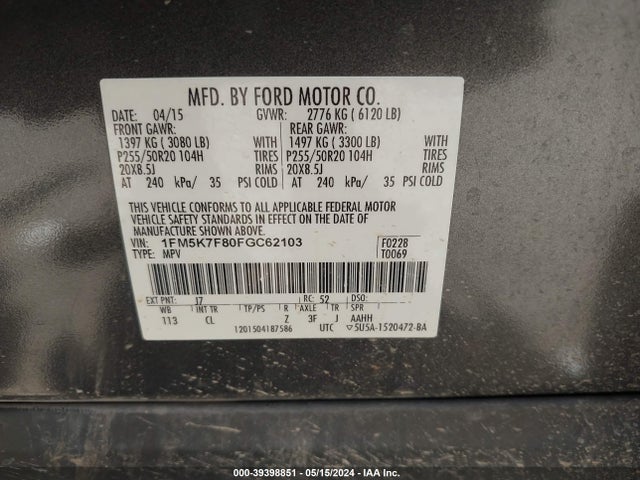 Ford Explorer Limited 2015 1FM5K7F80FGC62103 Image 9