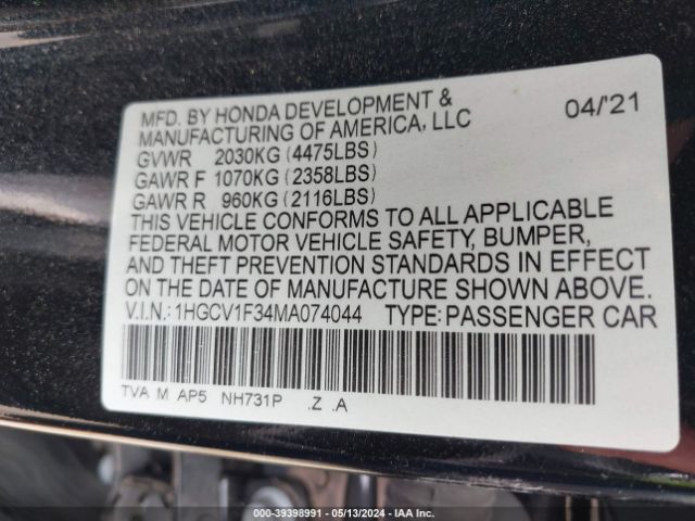 1HGCV1F34MA074044 Honda Accord Sport