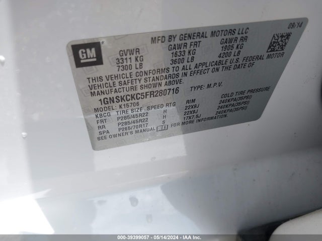 Chevrolet Tahoe Ltz 2015 1GNSKCKC5FR280716 Image 9