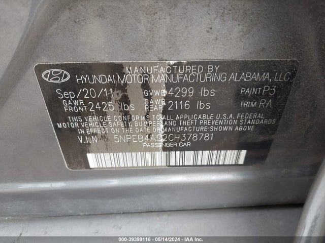 2012 Hyundai Sonata Gls მანქანა იყიდება აუქციონზე, vin: 5NPEB4AC2CH378781, აუქციონის ნომერი: 39399116