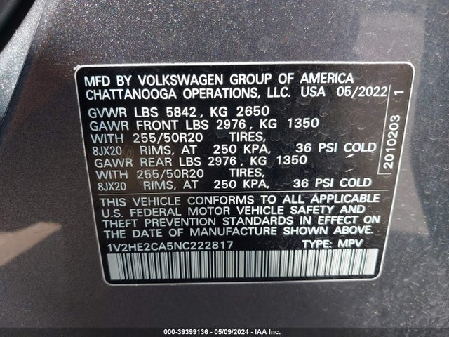 1V2HE2CA5NC222817 Volkswagen Atlas Cross Sport 3.6l V6 Se W/technology