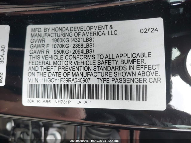 Honda ACCORD EX 2024 1HGCY1F39RA040907 Image 9