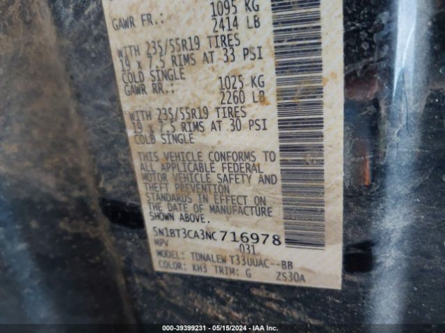 5N1BT3CA3NC716978 Nissan Rogue Sl Fwd