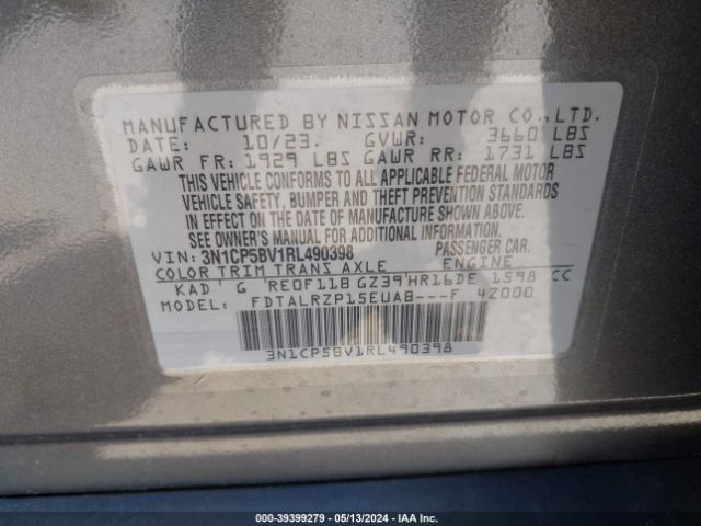 3N1CP5BV1RL490398 Nissan Kicks S Xtronic Cvt
