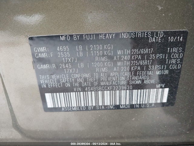 Subaru Outback 2.5i Premium 2015 4S4BSBCCXF3239630 Image 9