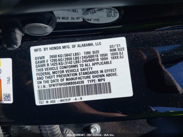 Honda Pilot Awd Ex-l 2021 5FNYF6H58MB064539 Image 9