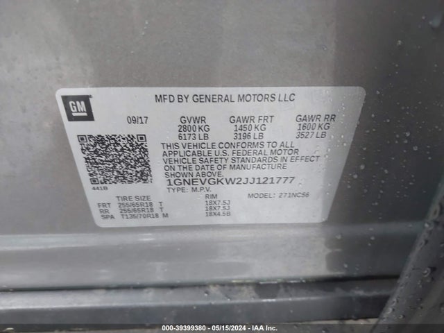 Chevrolet Traverse 1lt 2018 1GNEVGKW2JJ121777 Image 9