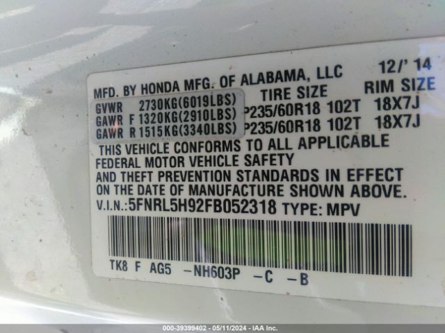 5FNRL5H92FB052318 Honda Odyssey Touring/touring Elite