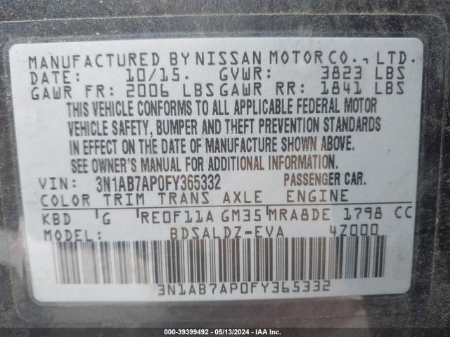 Nissan SENTRA SV 2015 3N1AB7AP0FY365332 Image 9