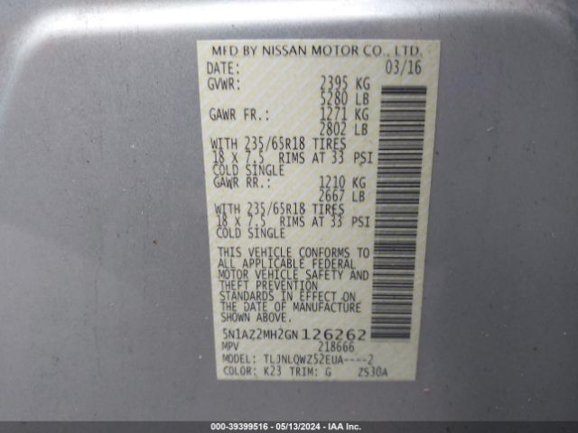 5N1AZ2MH2GN126262 Nissan MURANO SV