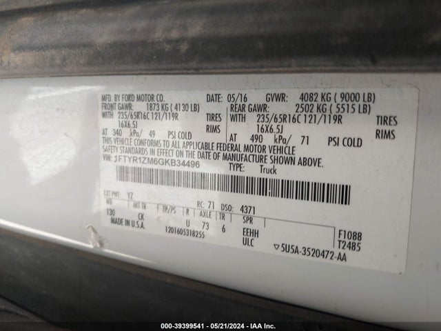 Ford Transit-250 2016 1FTYR1ZM6GKB34496 Image 9