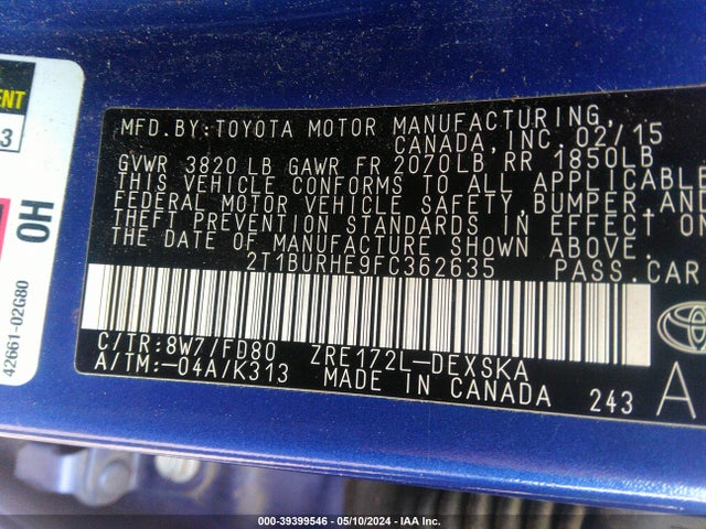 Toyota Corolla S Plus 2015 2T1BURHE9FC362635 Image 9