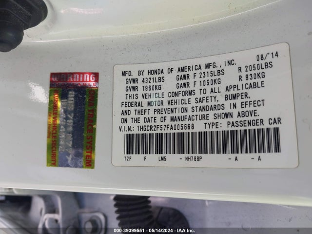 Honda Accord Sport 2015 1HGCR2F57FA005668 Image 9
