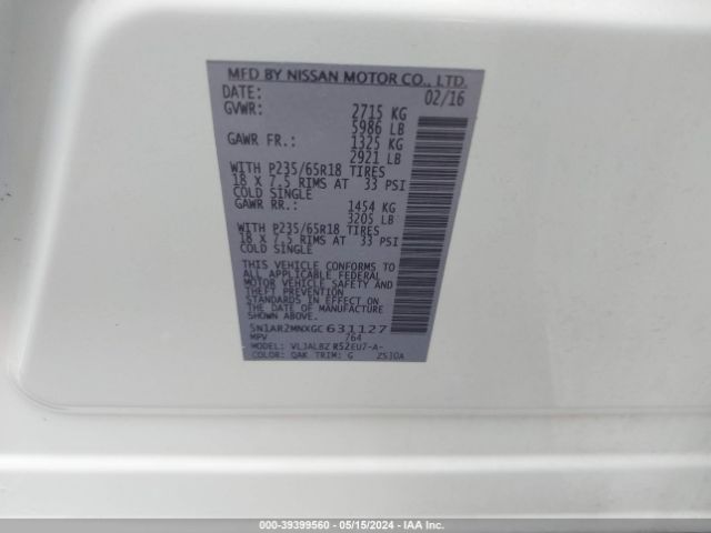 5N1AR2MNXGC631127 Nissan Pathfinder Platinum/s/sl/sv
