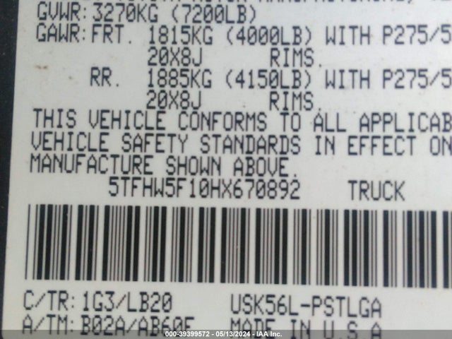 5TFHW5F10HX670892 Toyota Tundra Limited 5.7l V8
