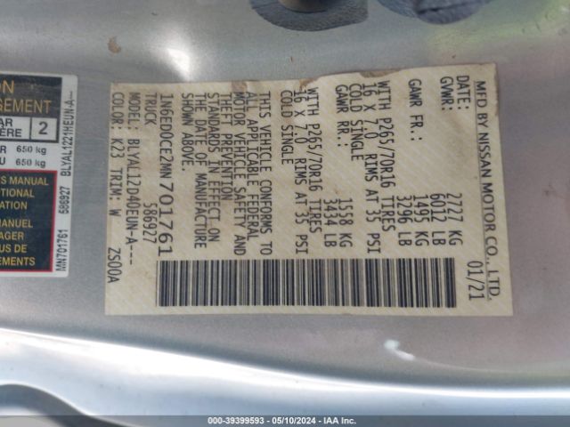 1N6ED0CE2MN701761 Nissan Frontier King Cab S 4x2