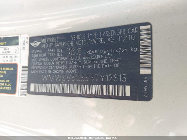 2011 MINI COOPER S WMWSV3C53BTY12815 Photo 8