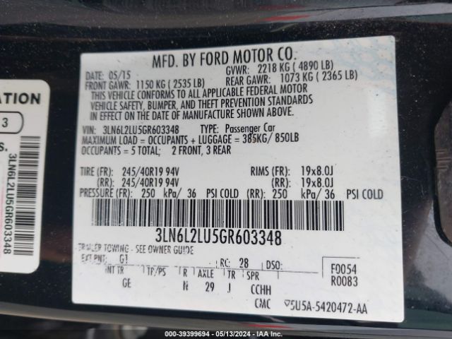 3LN6L2LU5GR603348 Lincoln MKZ HYBRID