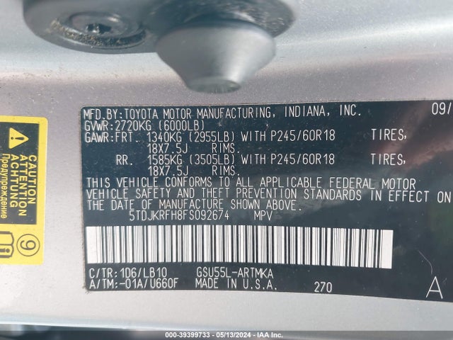 Toyota Highlander Xle V6 2015 5TDJKRFH8FS092674 Image 9